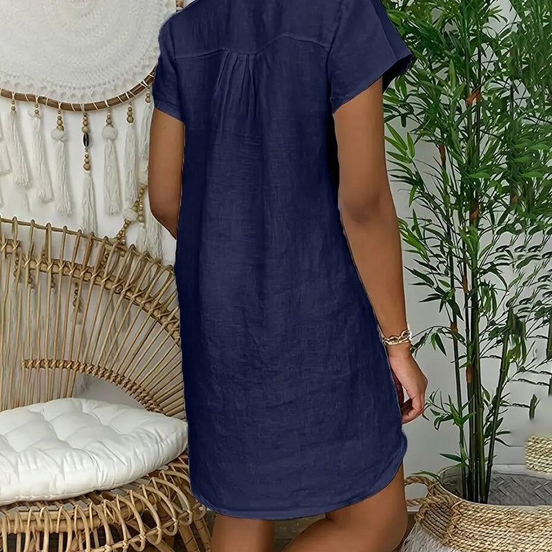 Womens Summer Casual Solid Color V Neck Short Sleeve Dresses Boho Beach Sundresses