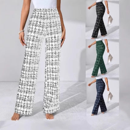 Women's casual plaid straight leg trousers available in black, blue, white, and green colors, made from micro elastic polyester fiber.
