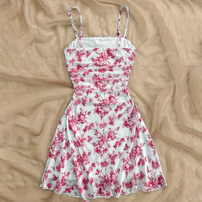 Women's Boho Floral Print Mini Dress Spaghetti Strap Ruched Ruffle Hem Vacation Sundresses