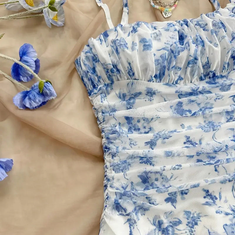 Women's Boho Floral Print Mini Dress Spaghetti Strap Ruched Ruffle Hem Vacation Sundresses